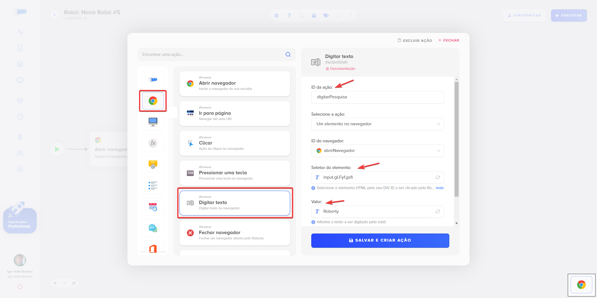Caminho para ação digitar texto.