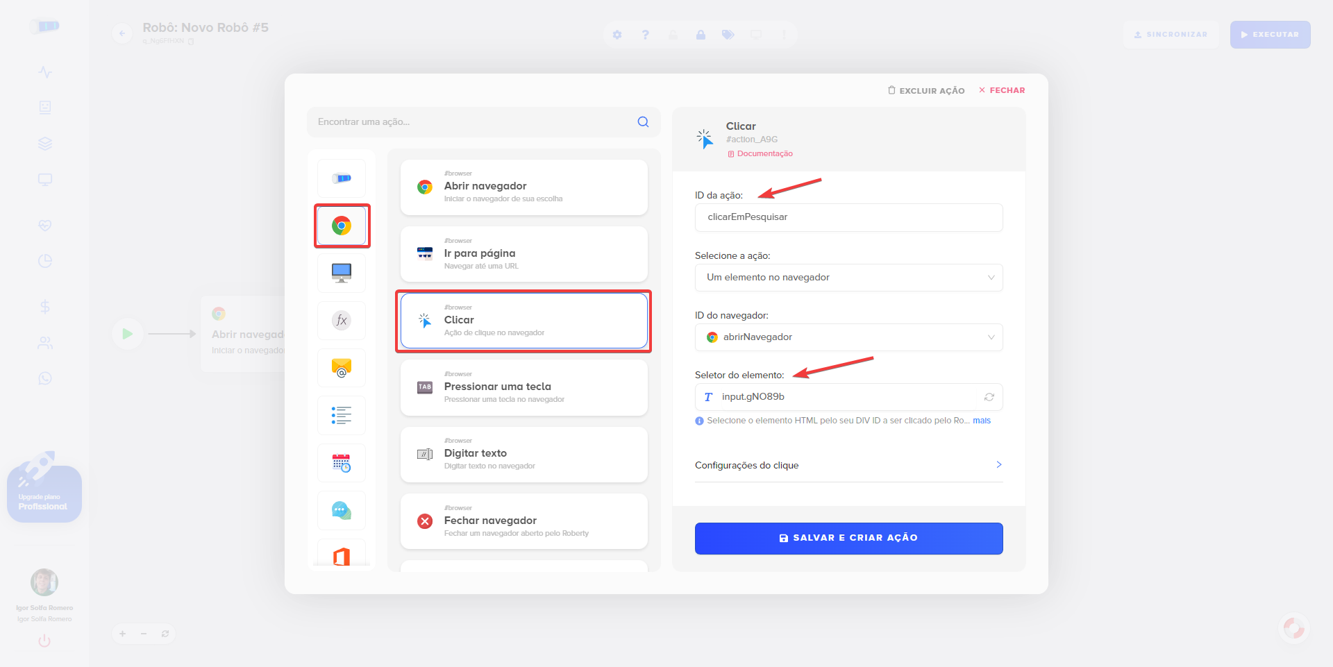 Caminho para ação clicar.