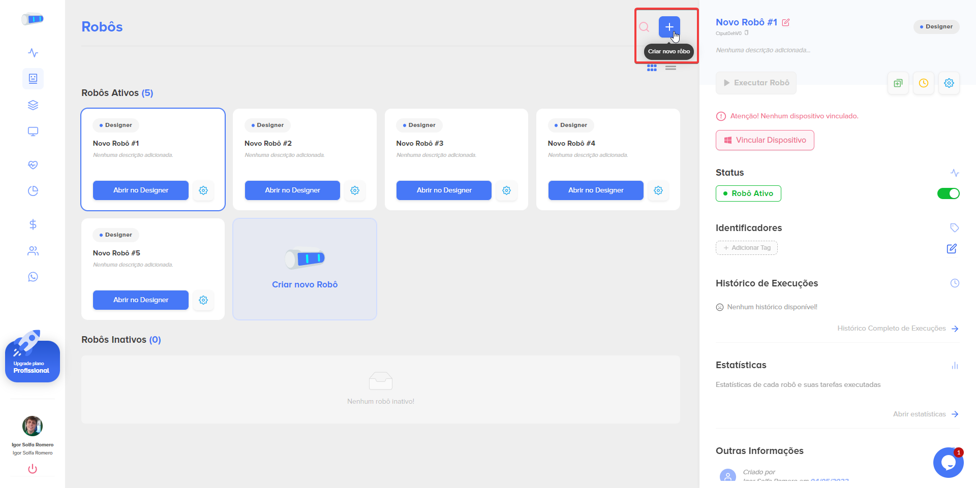 Aba Robôs, botão criar robô