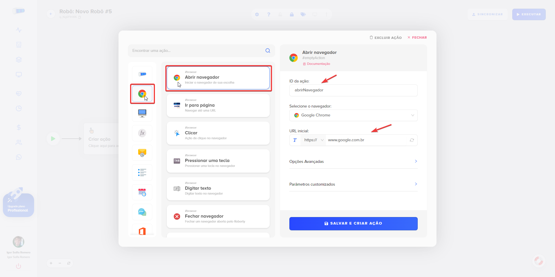 Caminho para ação abrir navegador.