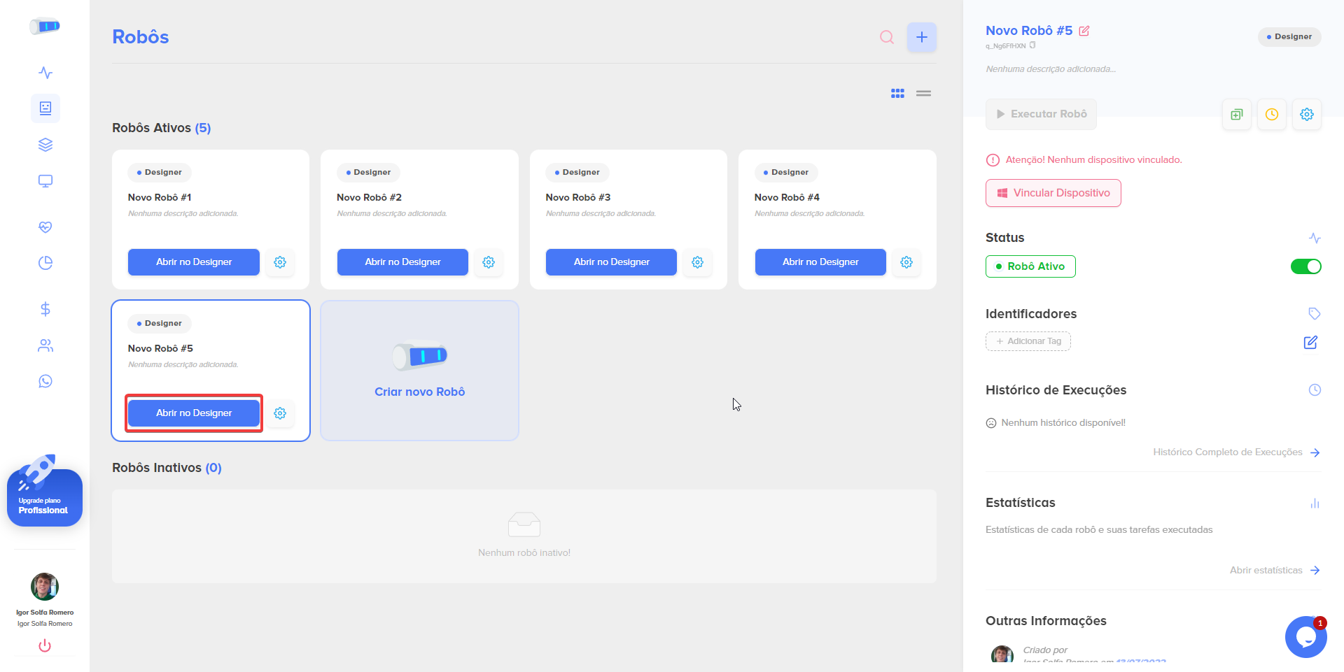 aba robô, localização do botão abrir no designer